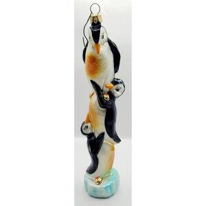 Radko ARTIC ANTIC Stack 3 Penguins Totem Glass Christmas Ornament 9” *Fair*